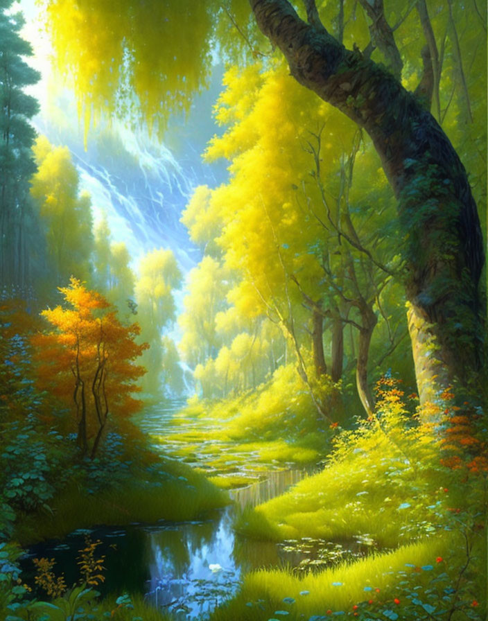 Tranquil Forest Clearing with Sunlight and Brook