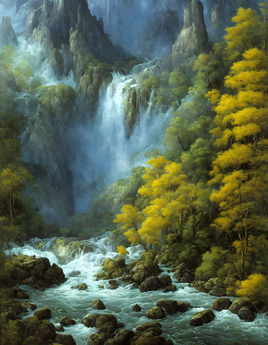 Tranquil waterfall in rocky forest with yellow foliage