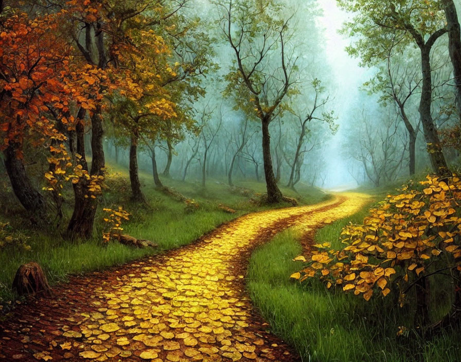 Golden Leaves Blanket Forest Path in Autumn Light