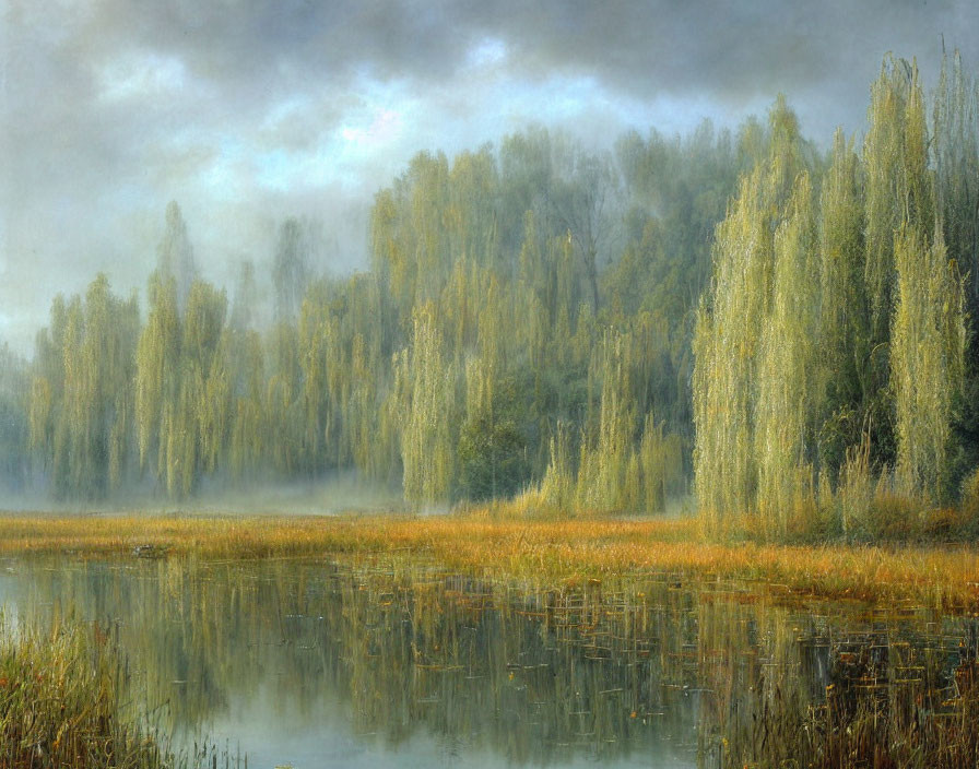 Tranquil autumn landscape: calm lake, tall trees, foggy atmosphere