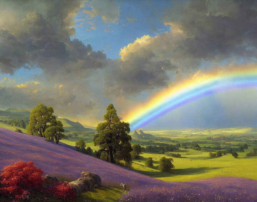 Colorful rainbow over scenic landscape with flowers, fields, trees, and hills