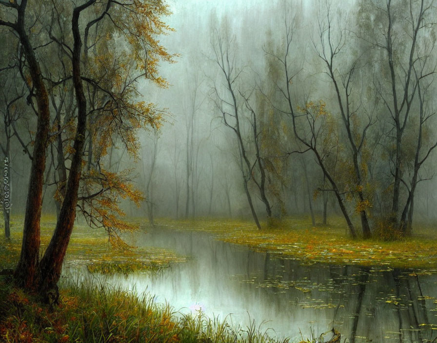 Misty forest scene with autumn leaves, reflective water, and silhouetted trees