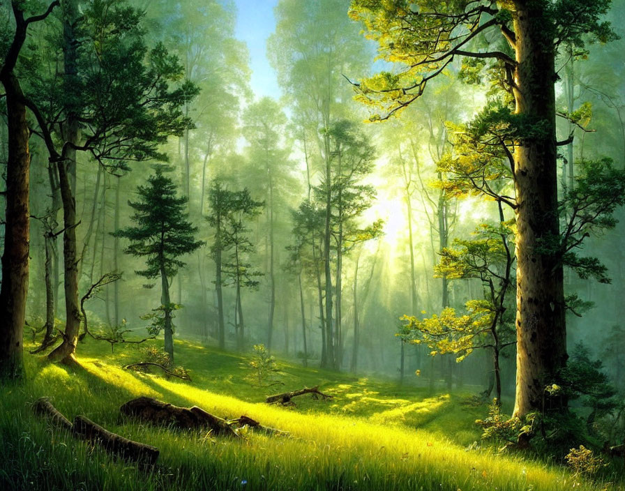 Lush Green Forest with Sunlight Filtering Through