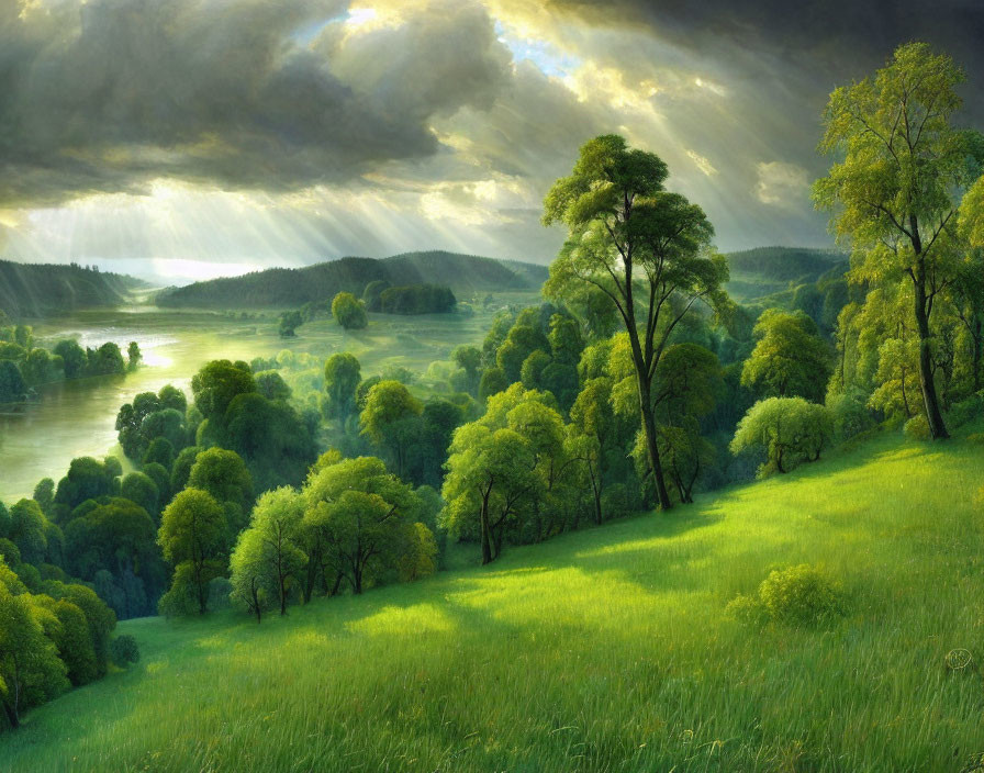 Scenic landscape with green trees, hills, river, and dramatic sky