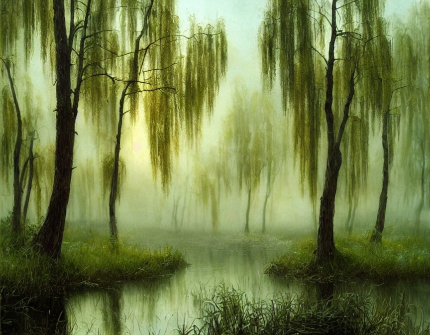 Misty river winding through serene willow tree forest