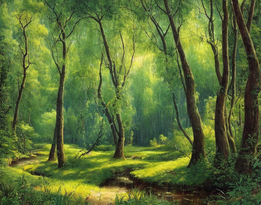 Tranquil Forest Scene with Green Trees and Sunlight