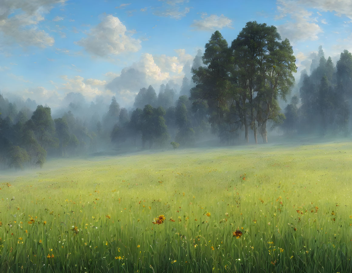 Misty meadow with green grass, yellow flowers, trees, and blue sky