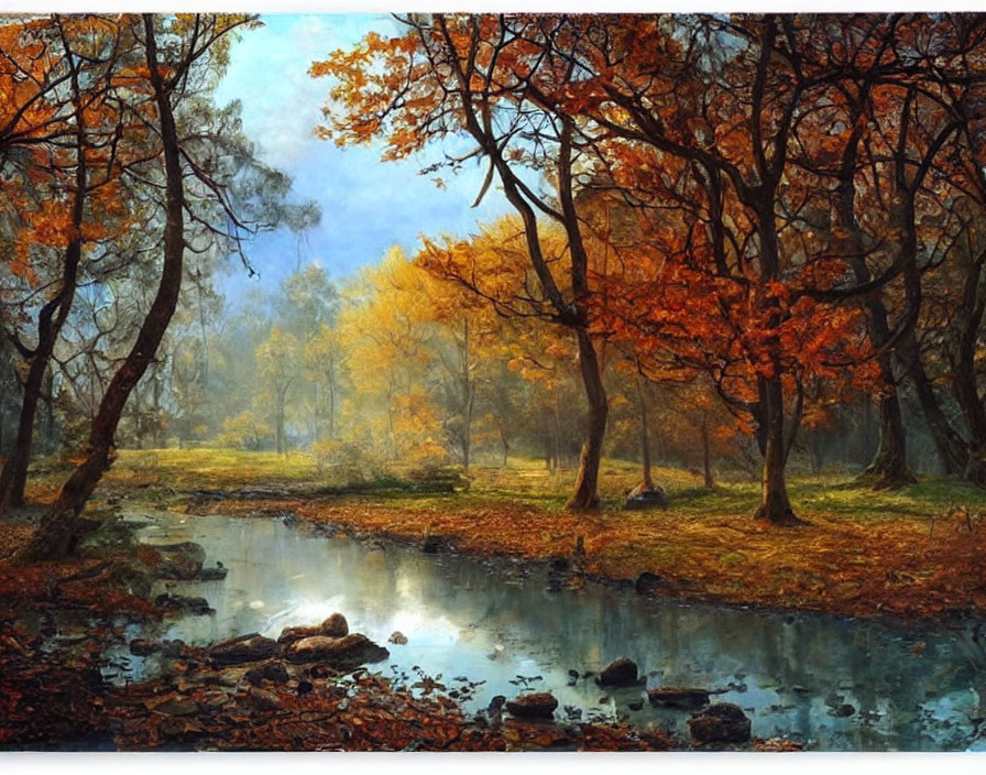 Tranquil autumn landscape with golden leaves, towering trees, and serene river.