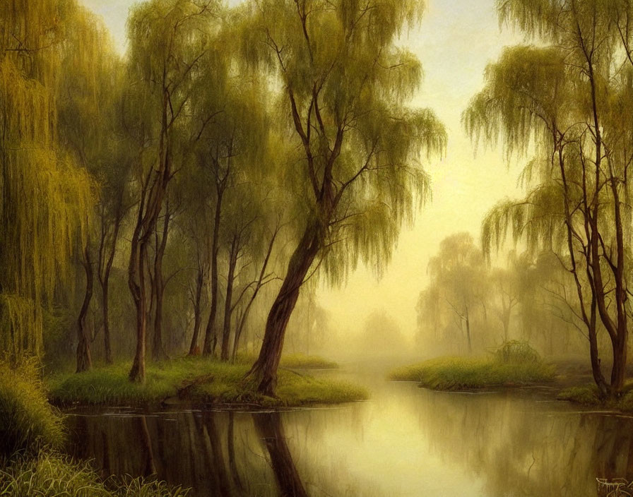 Tranquil river scene with weeping willow trees & misty ambiance