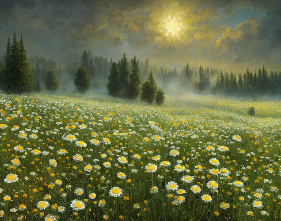 Tranquil landscape with white and yellow wildflowers under hazy sky