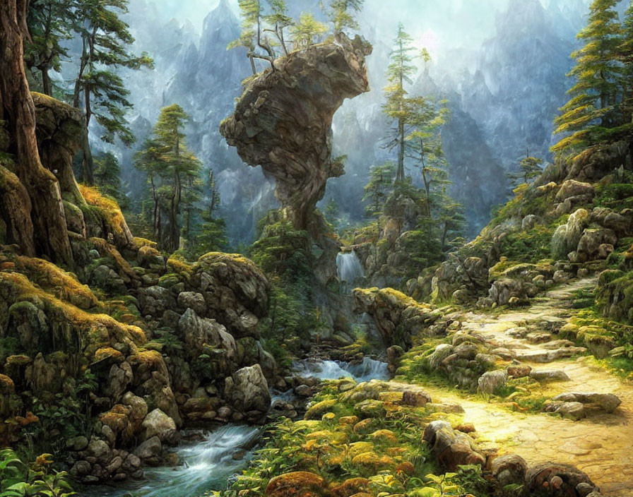 Tranquil landscape with rock formation, stream, greenery, and misty mountains