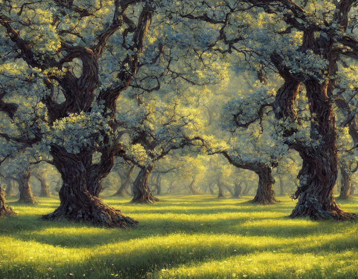 Ancient oak forest with twisting trunks and lush green canopy