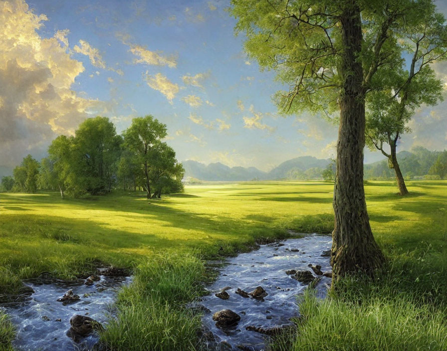 Tranquil landscape with green meadow, stream, tree, and mountains