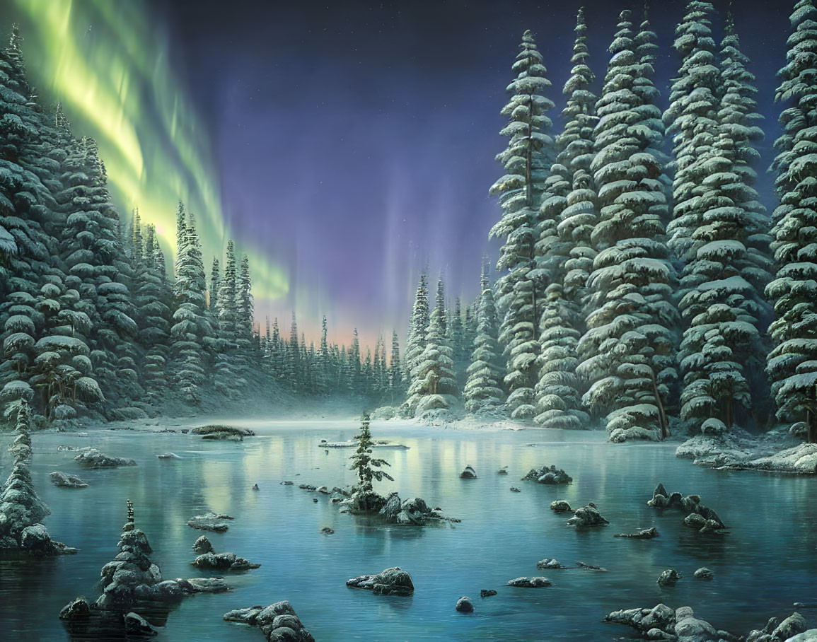 Snow-covered trees, frozen river, rocks, Northern Lights in starry sky