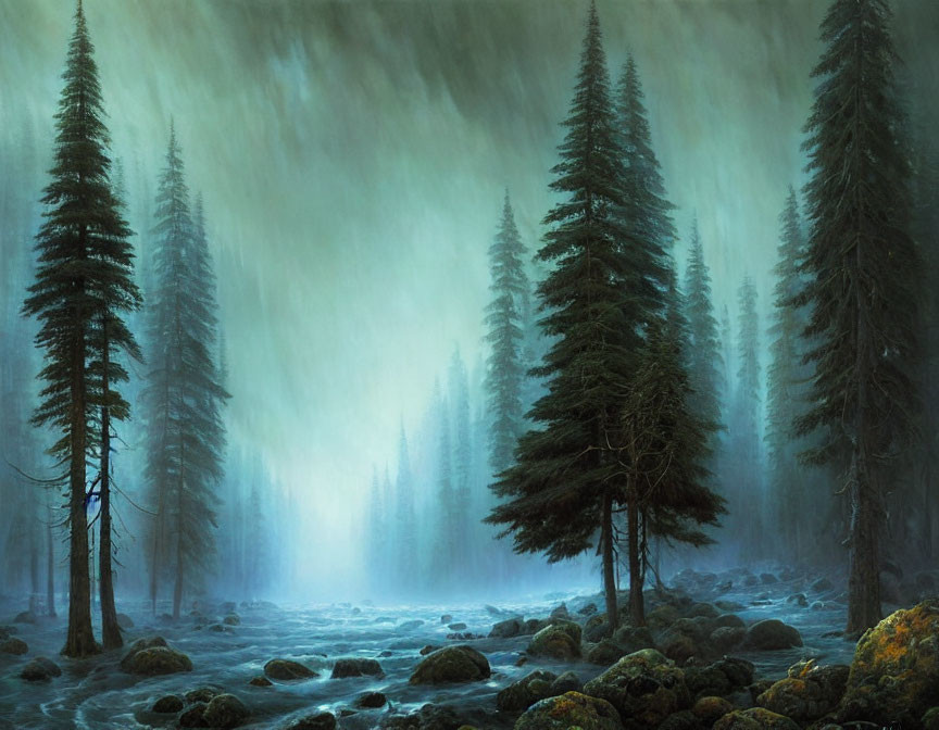 Misty forest with tall conifers and rocky stream in soft light