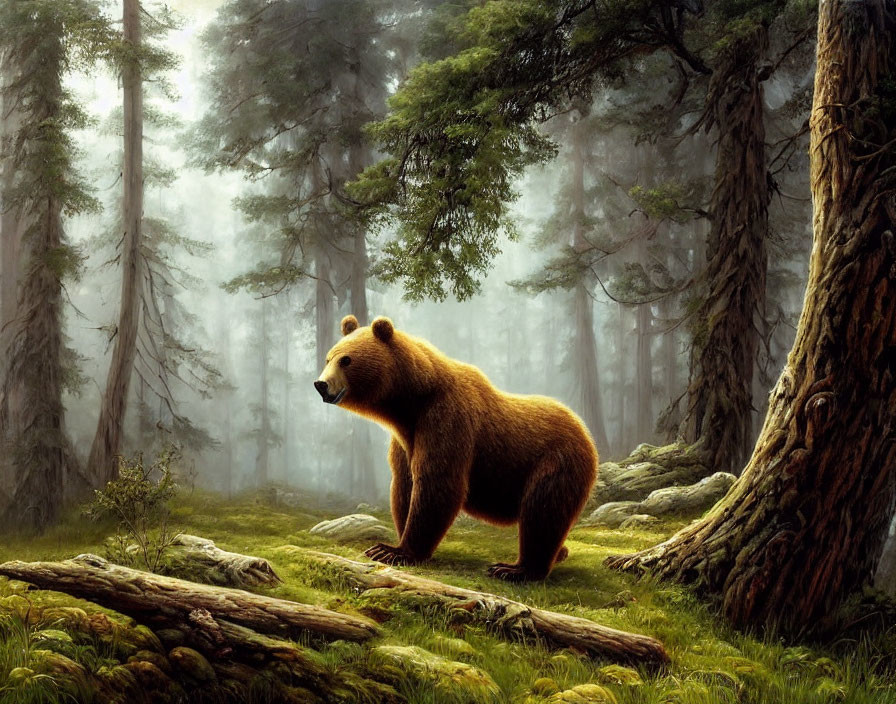 Brown Bear in Misty Forest with Tall Trees and Green Moss