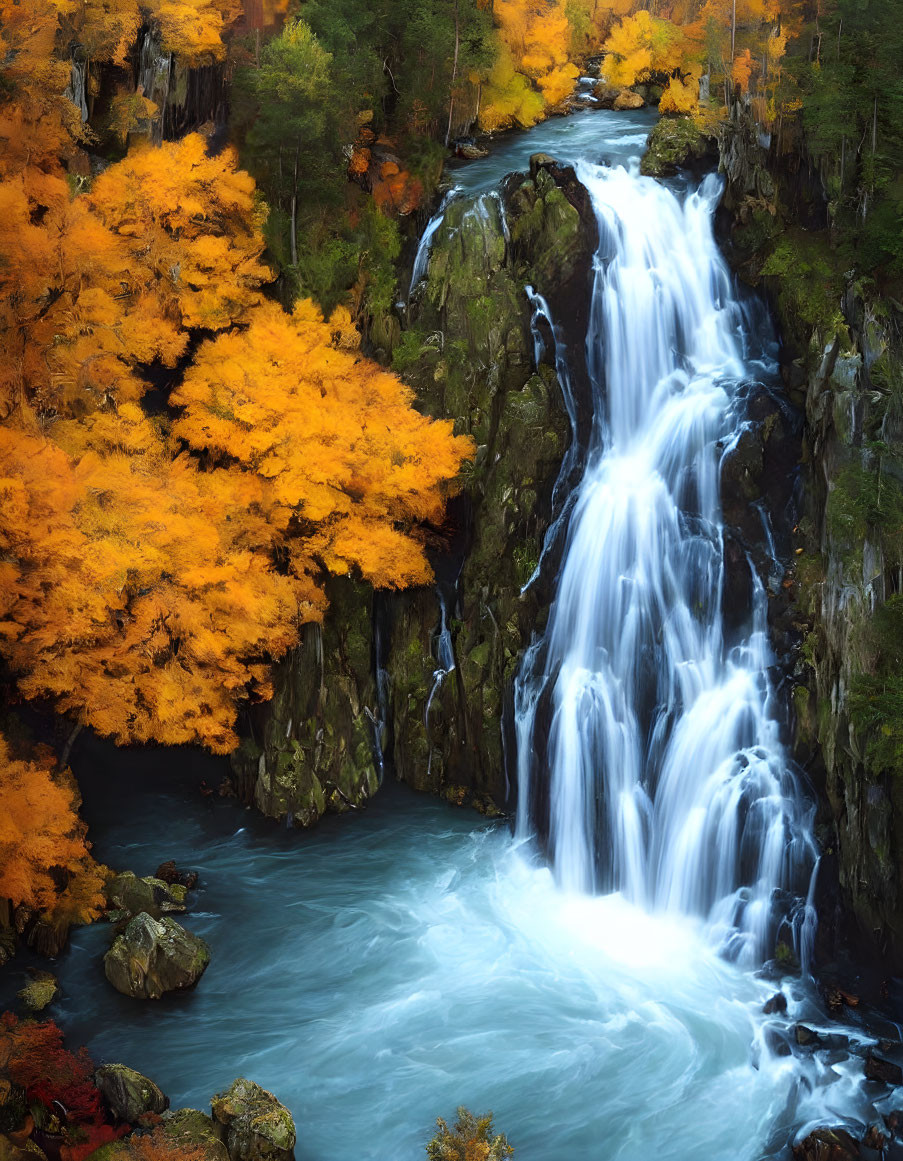 Majestic Waterfall in Autumnal Setting with Vibrant Foliage