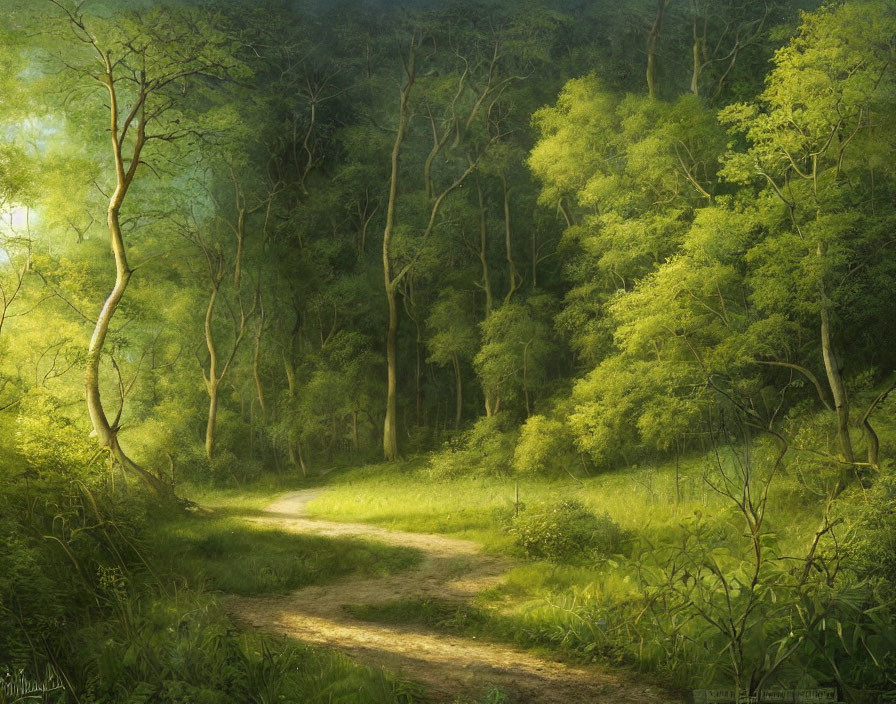 Serene Forest Path with Sunlight Filtering Through Trees