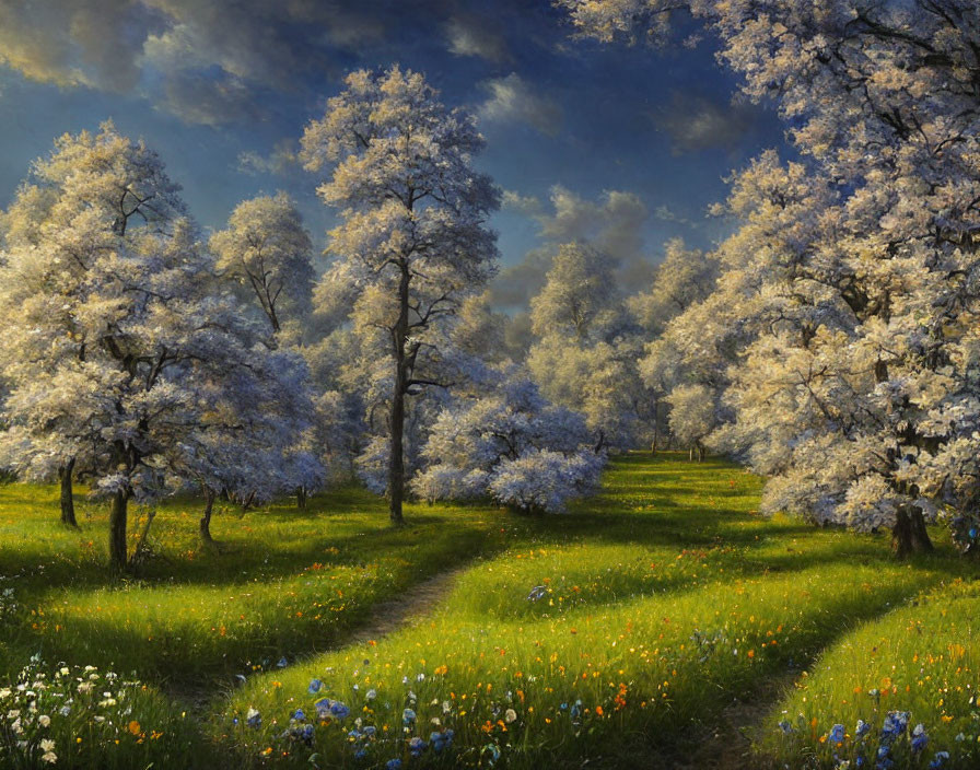 Split dirt path in lush green meadow with blooming white trees under cloudy sky