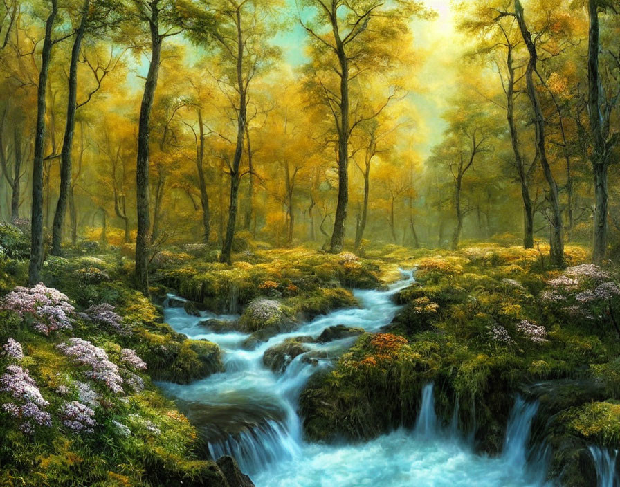 Tranquil forest landscape with babbling brook and autumnal foliage