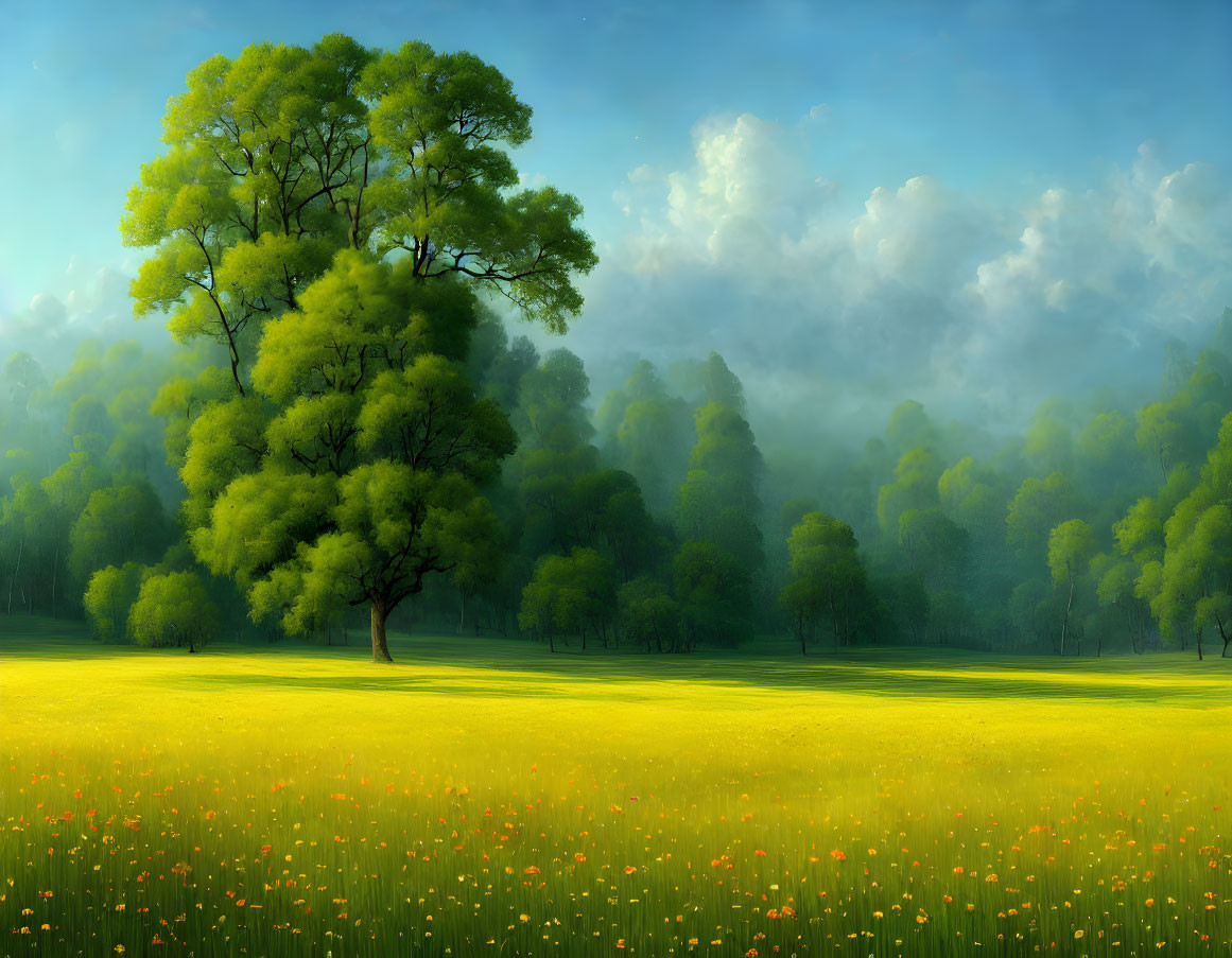 Tranquil landscape with green tree, yellow flowers, mist, and clear sky