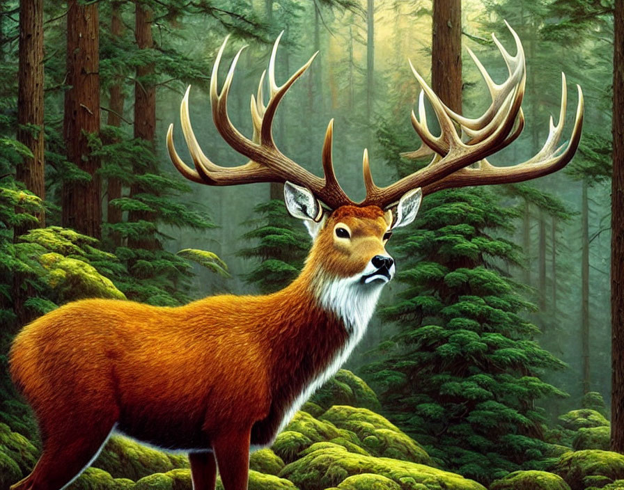 Majestic stag with sprawling antlers in vibrant forest