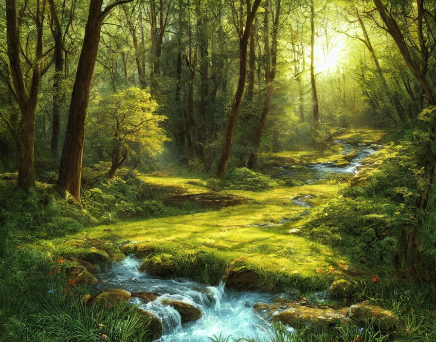 Lush forest with sparkling stream and blooming flowers