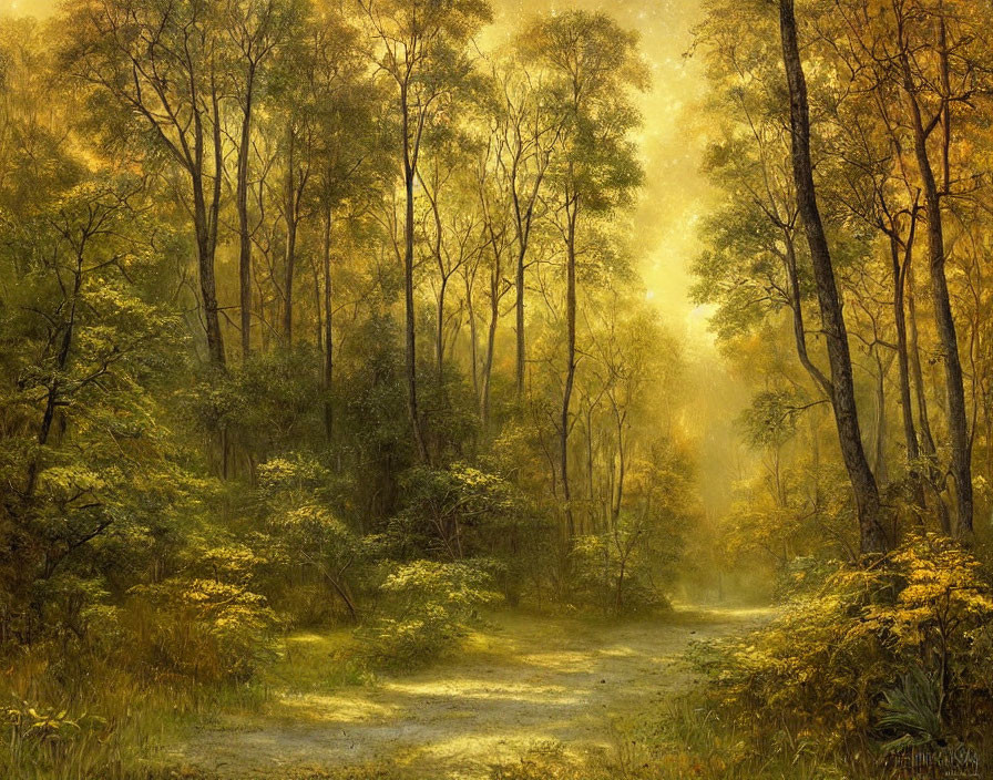 Sunlit enchanted forest path with golden glow and winding trail