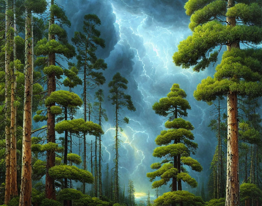 Stormy Sky Over Towering Pine Trees in Vivid Forest