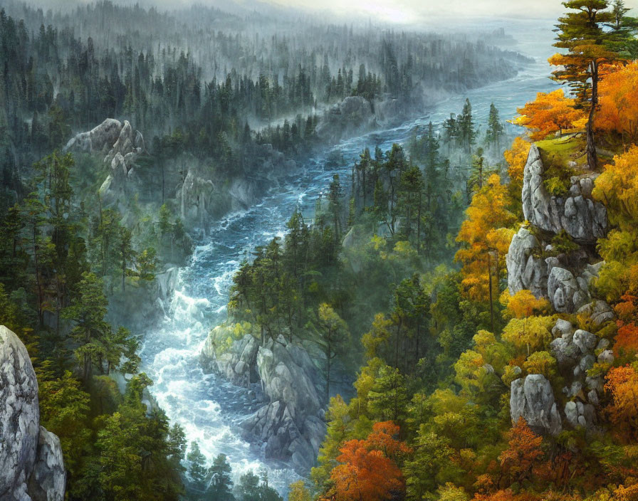 Tranquil river landscape with autumn trees and rocky cliffs