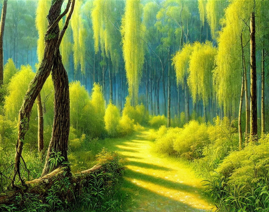 Tranquil Forest Path with Sunlight Filtering Through Trees