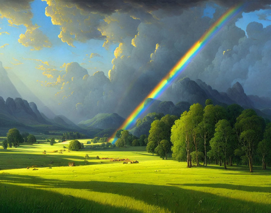 Colorful Rainbow Over Green Valley with Cattle Grazing