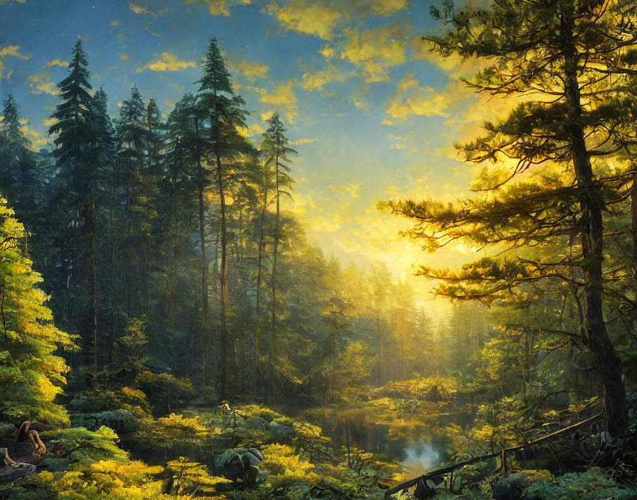 Sunlit Forest Scene with Tranquil Water Beneath