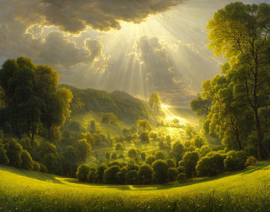 Scenic landscape with green trees, meadow, and sun rays.