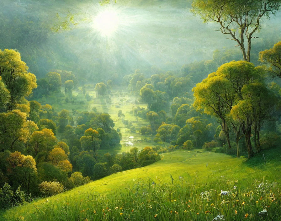 Sunlit Forest Landscape with Stream and Meadow