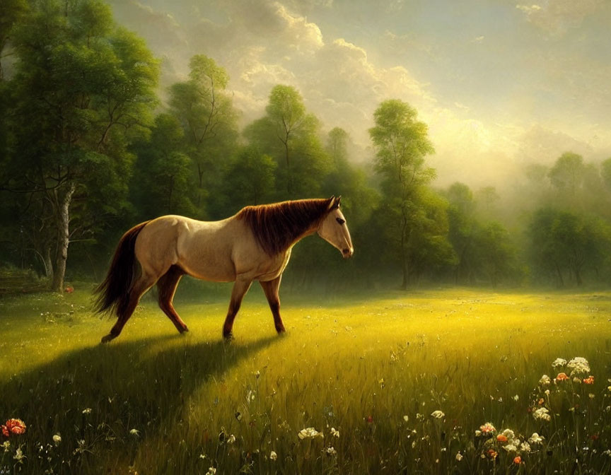 Tranquil landscape with horse in sunlit meadow