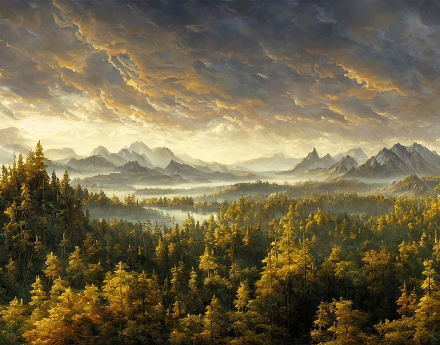 Tranquil landscape with lush forests and majestic mountains