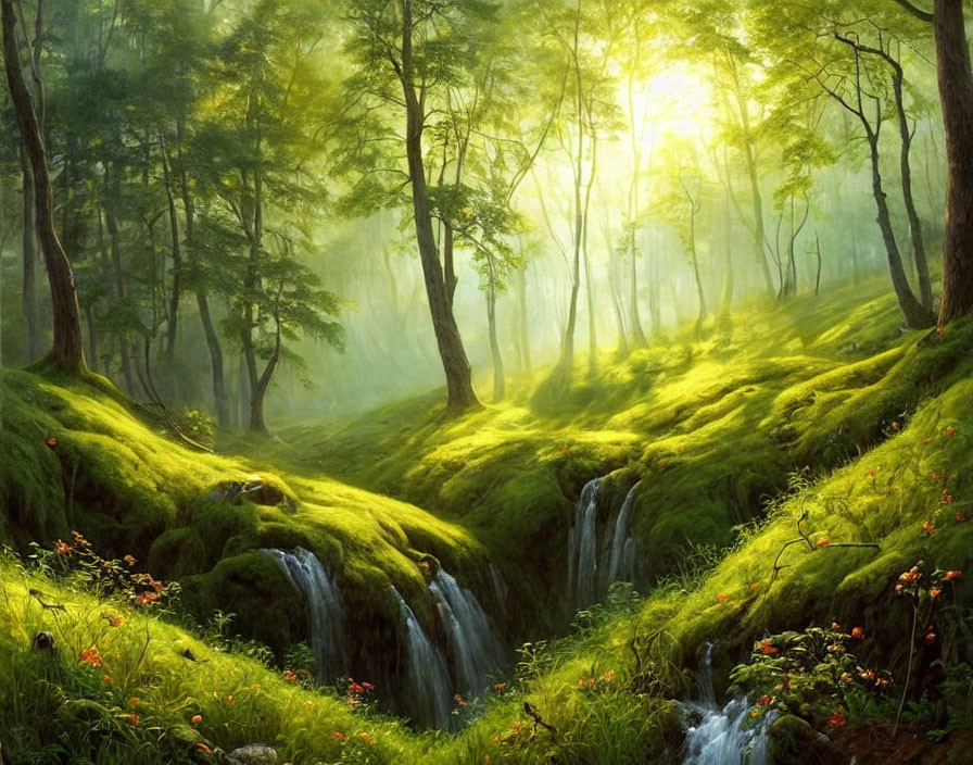 Tranquil forest scene with sunlight, green moss, and waterfalls