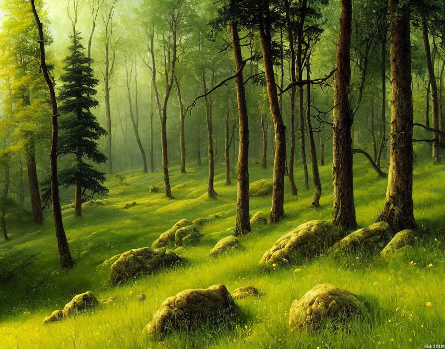 Vibrant green forest with sunlight and moss-covered rocks