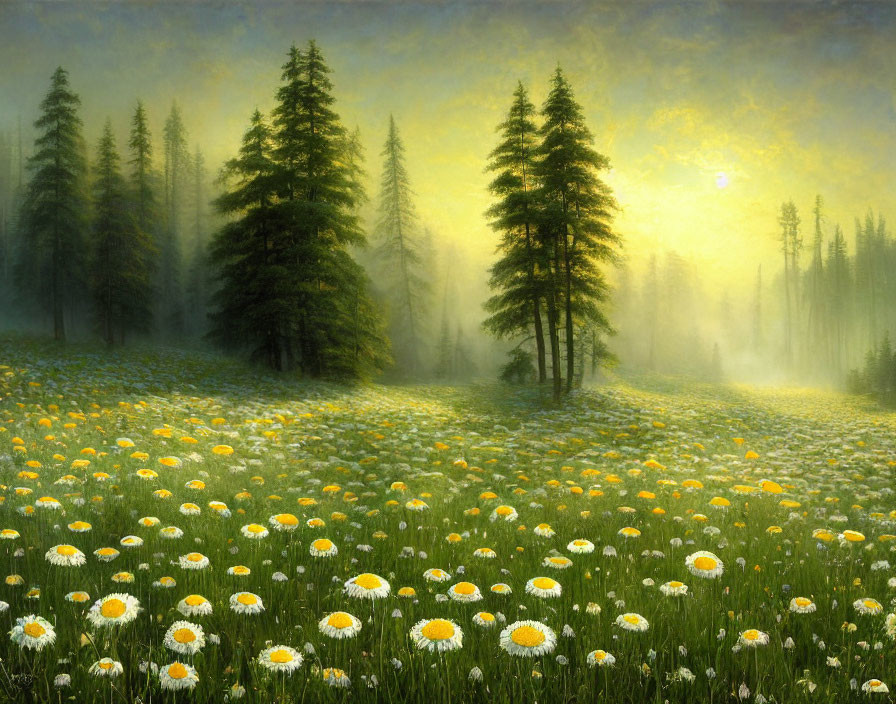 Tranquil meadow scene with daisies, misty evergreen trees, and golden morning