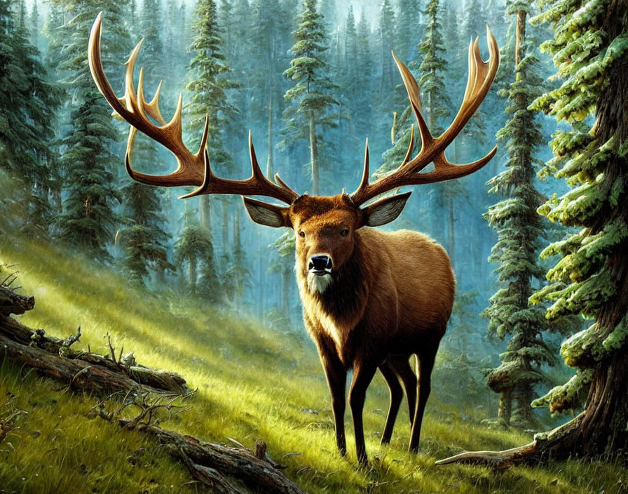 Majestic elk with large antlers in lush forest