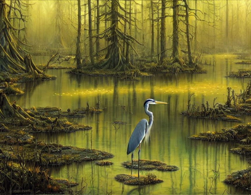 Misty swamp scene with great blue heron and moss-covered trees