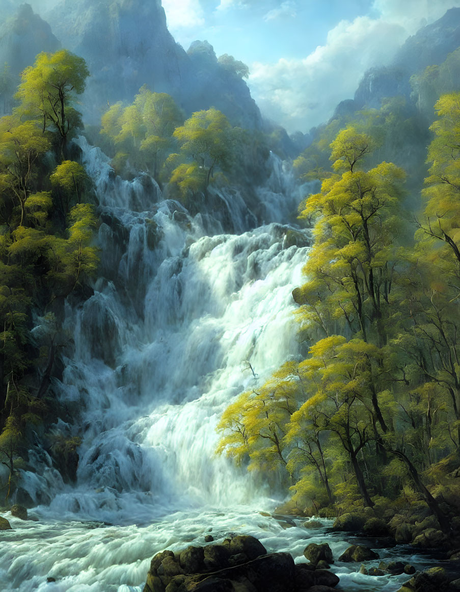 Majestic waterfall with yellow trees on rocky cliffs