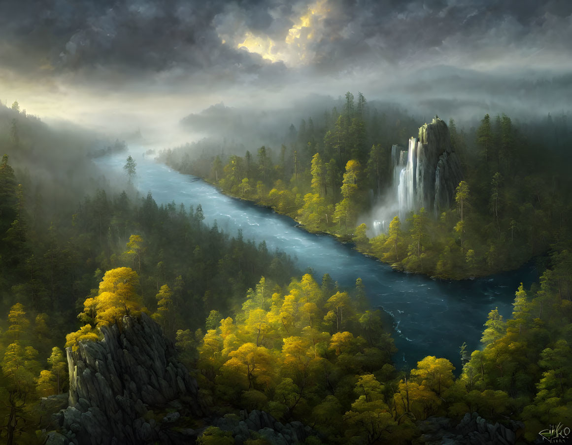 Misty forest with river, waterfalls, and sunbeams