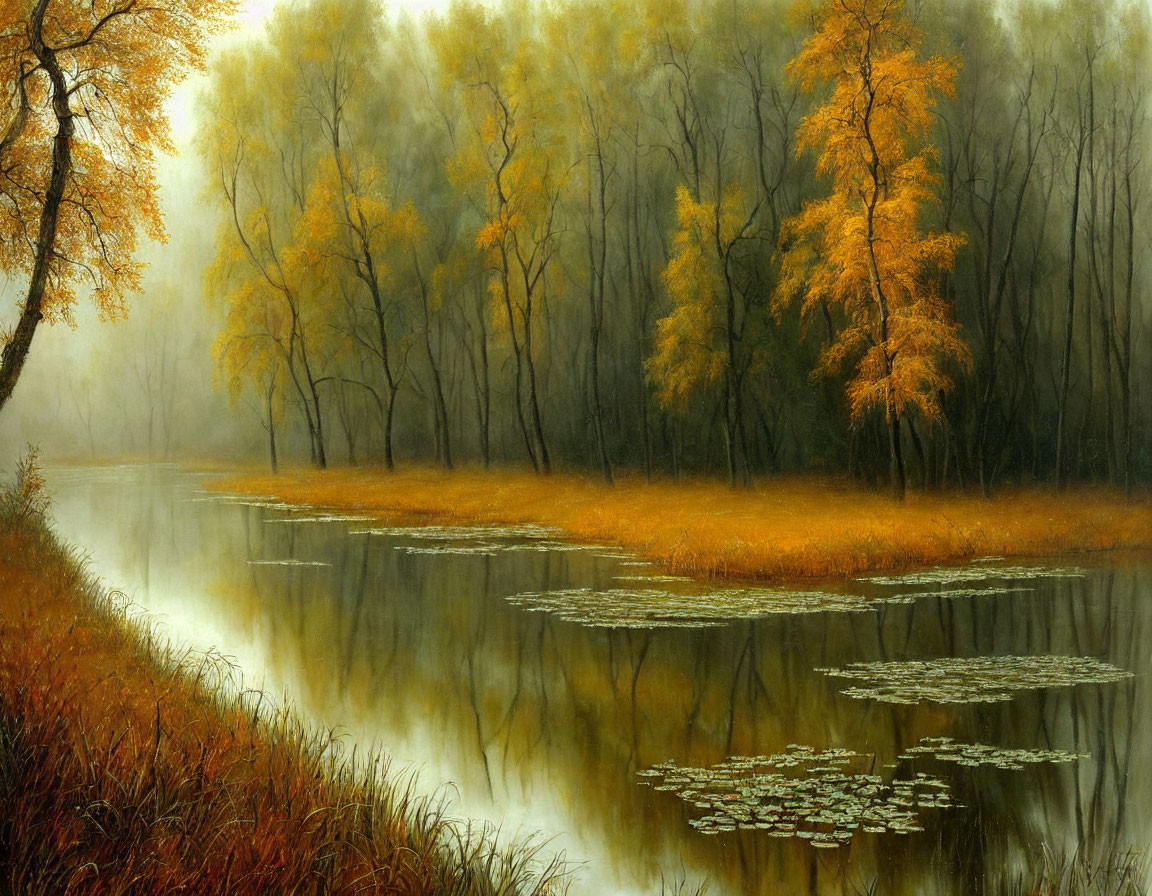 Misty river and golden trees in serene autumn setting