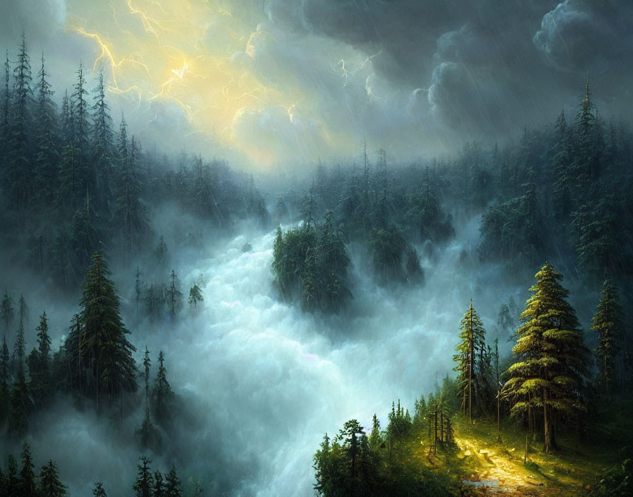 Foggy forest landscape with lightning-lit sky and green trees