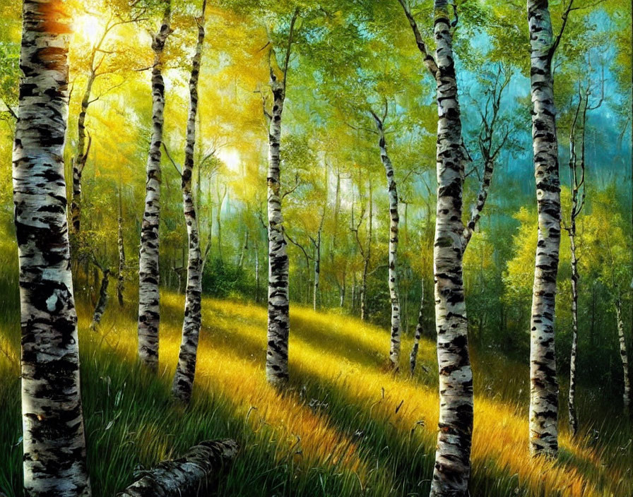 Sunlit Birch Forest with Colorful Underbrush