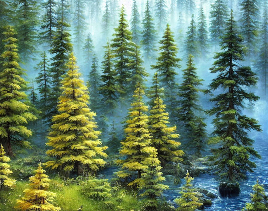 Tranquil forest with misty pine trees and flowing stream