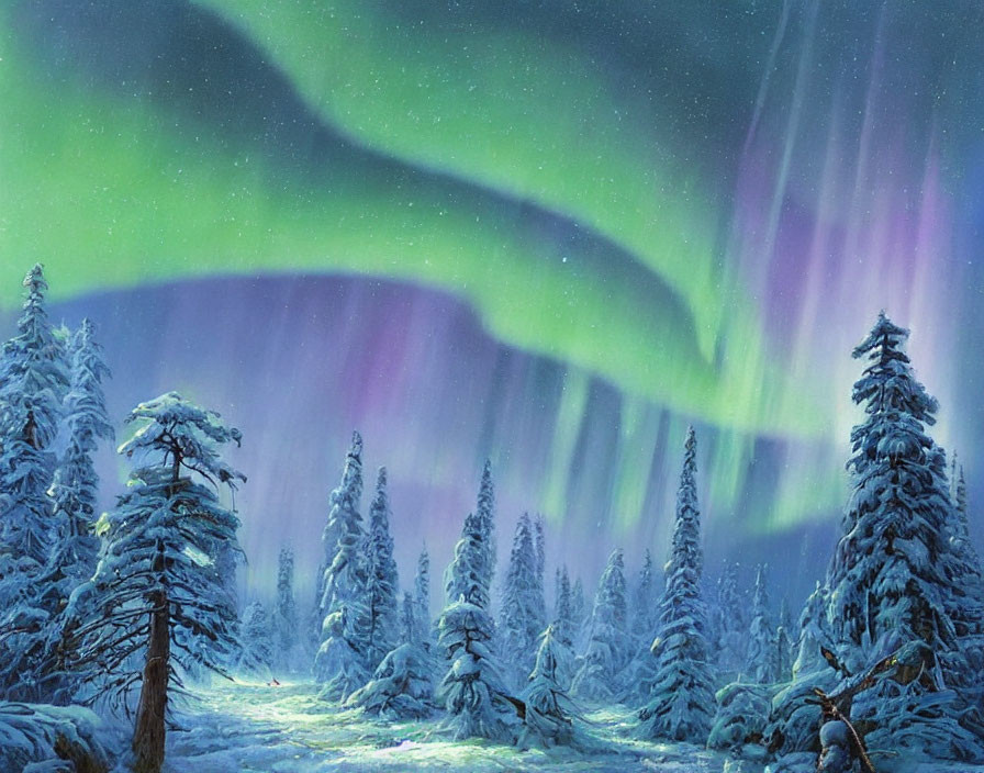 Snowy Forest Night Landscape with Green and Purple Aurora