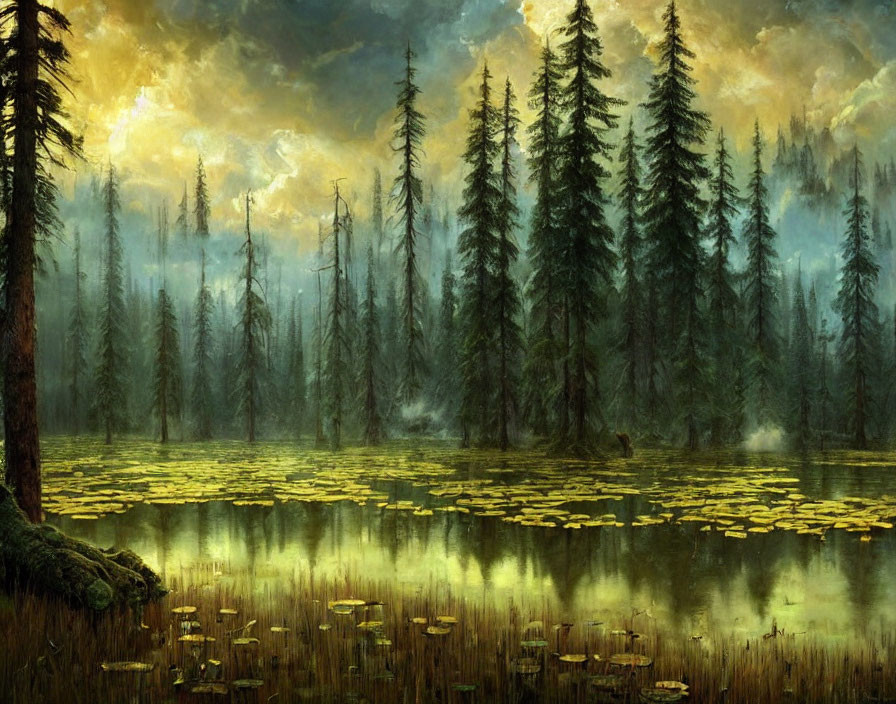 Tranquil forest landscape with tall trees, serene lake, and golden sky